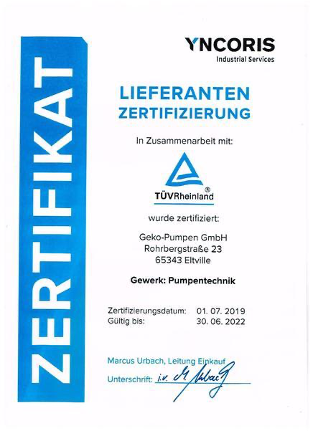Certificato pompa a trascinamento magnetico